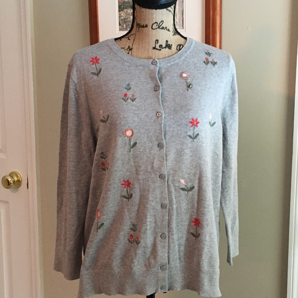 SOLD - LOFT Soft Gray Cotton Floral Sweater